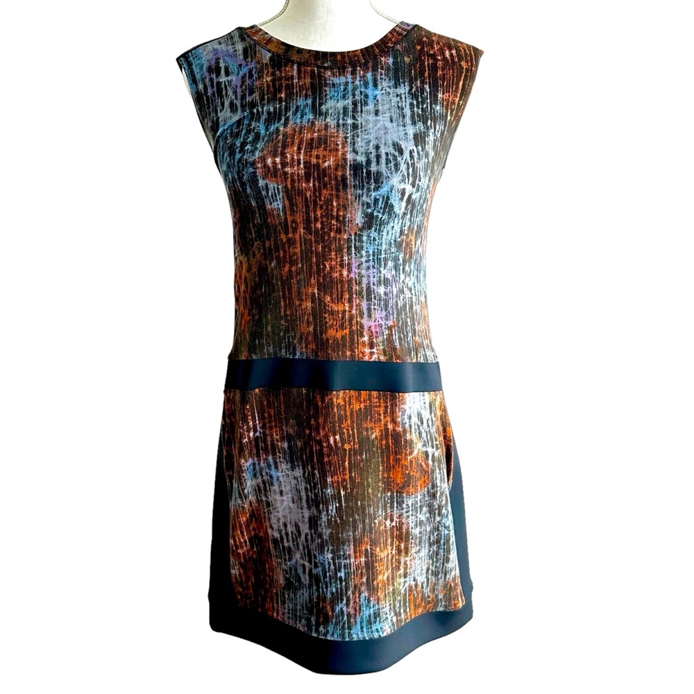 Rachel Roy Black Orange Gray Abstract Print Sleeveless Sheath Dress Size Large